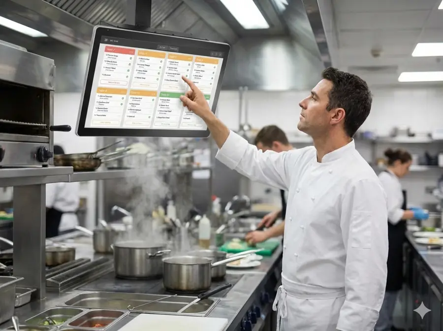 Chef managing orders on an Aux kitchen display